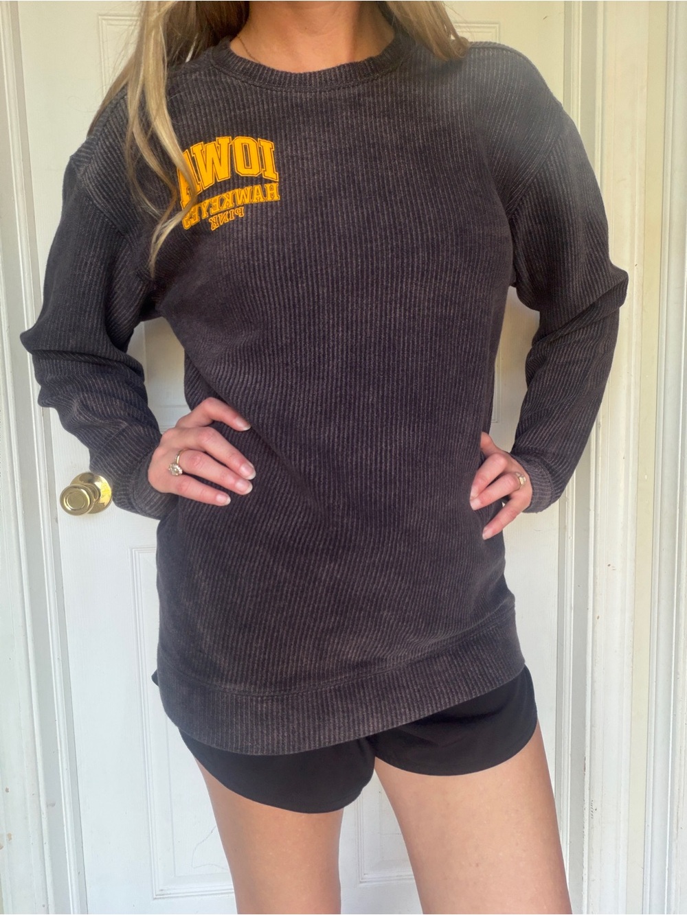 5th & Ocean Men's Gray Ribbed Crewneck Sweater with Yellow Iowa Logo